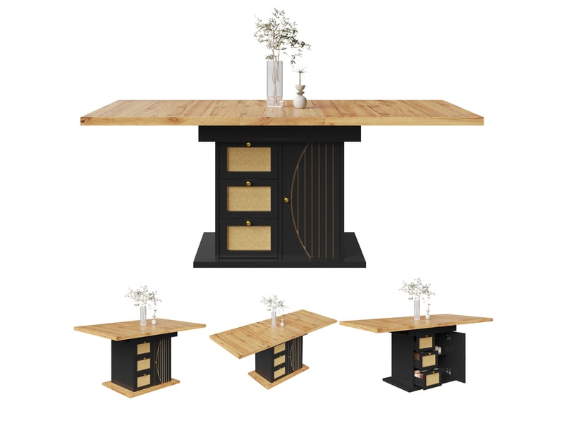 Table à manger extensible 110-140 x 80 x 76 cm, avec 3 tiroirs et placard fermé, façades aspect rotin, poignées dorées, noir - Conforama A