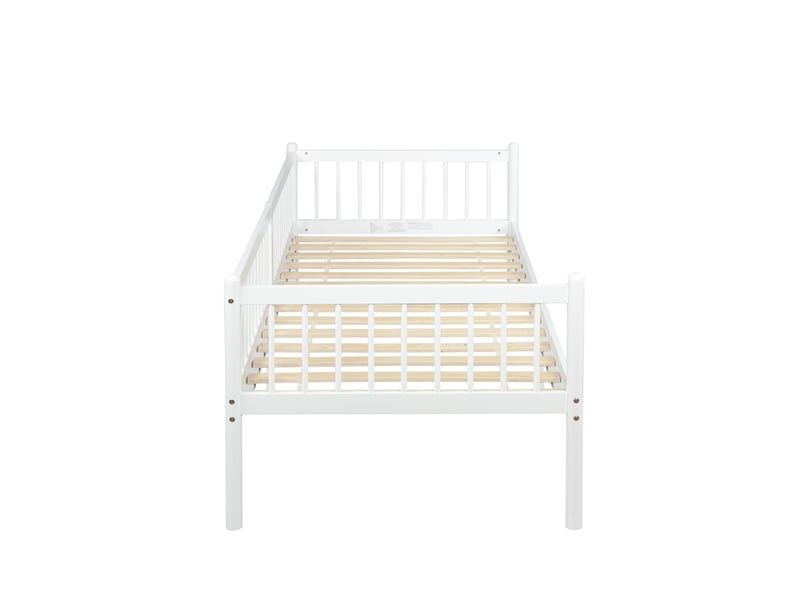  Lit banquette enfant 90x200 cm en bois de pin blanc avec barrières 3 côtés  - Conforama W
