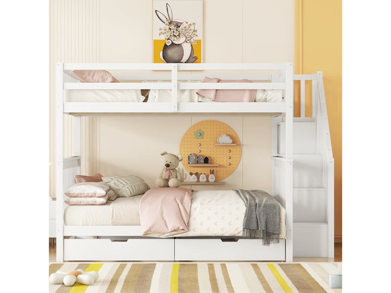  Lit superposé enfant 140 x 200 cm blanc avec escalier de rangement et 2 tiroirs  - Conforama C
