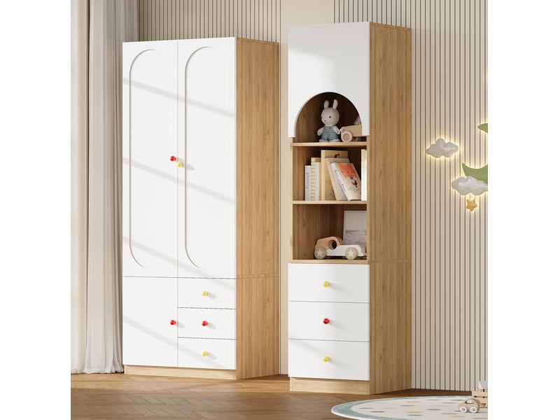  Armoire tcqpz 130 x 50 x 200 cm ensemble 2 portes et étagère de rangement mdf blanc et bois naturel  - Conforama D