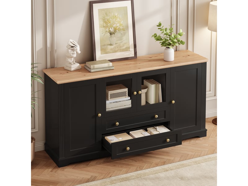  Buffet 160x40x80.5cm avec 4 portes vitrées, 2 tiroirs, poignées en fer et éclairage led pilotable par application, mdf, noir evarich - Conforama E