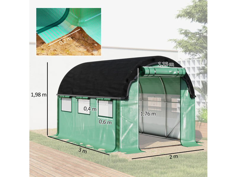  Serre tunnel 300 x 200 x 198 cm – verte – 6 fenêtres, parois enroulables, filet d'ombrage uv résistant  - Conforama C
