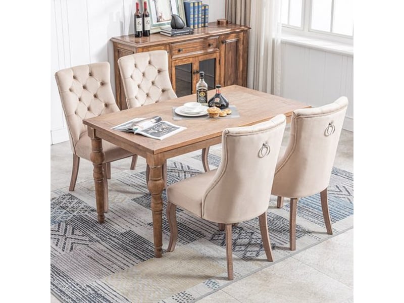 Chaise de salle à manger lot de 4 en velours, dossier haut capitonné et pieds en bois massif beige, 97 × 51 × 47 cm - Conforama C