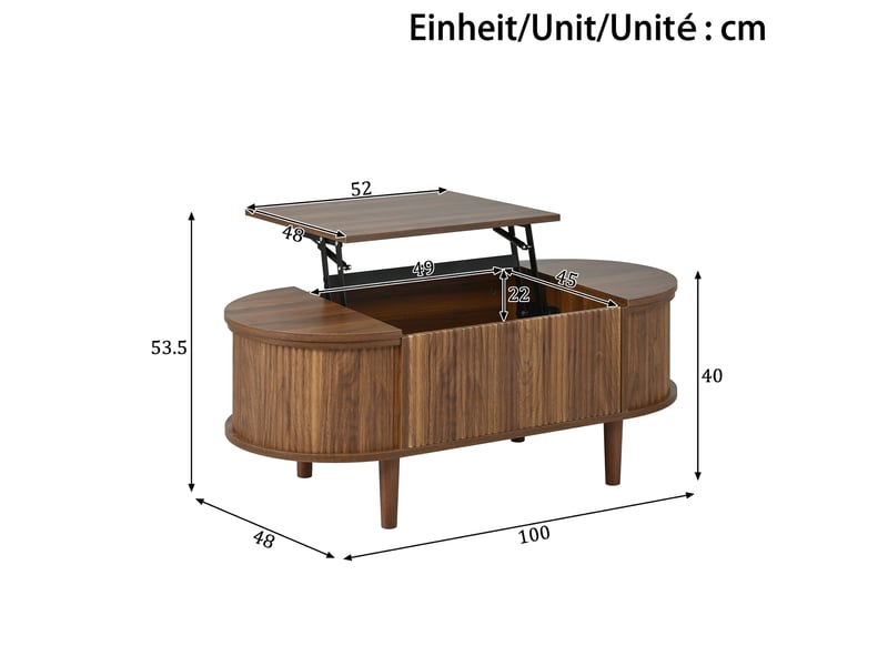  Table basse ovale relevable avec rangements, coloris noyer, 100 x 48 x 53,5 cm  - Conforama E
