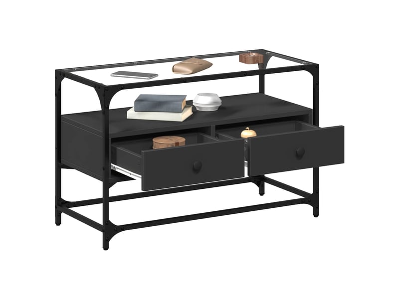  Meuble tv - banc tv - meuble de rangement et dessus en verre noir 80x35x51 cm bois d'ingénierie  - Conforama C