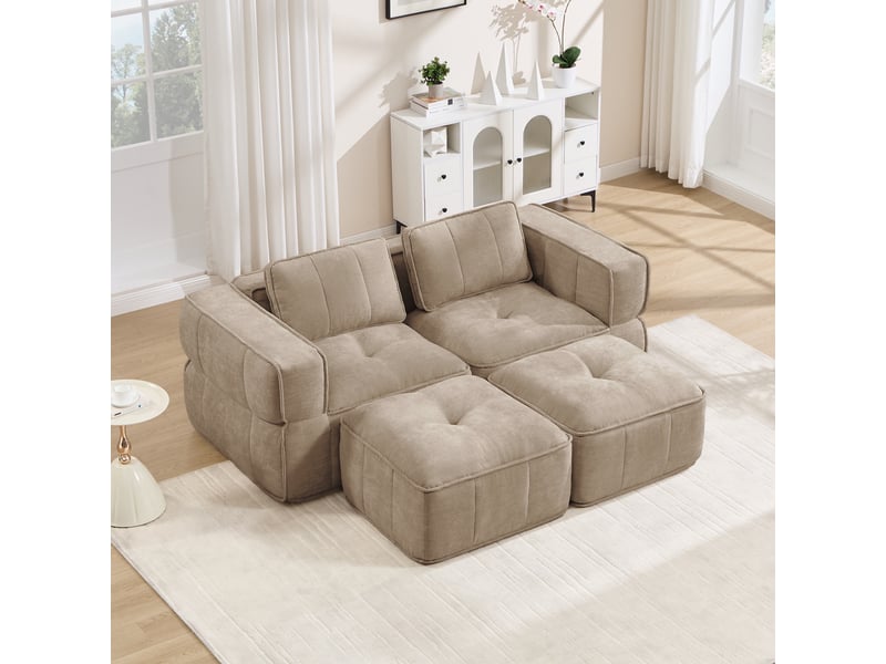  Canapé 2 places - 198x162x67cm - canapé modulaire avec 2 poufs repose-pieds en mousse 32d sans cadre - sable  - Conforama C
