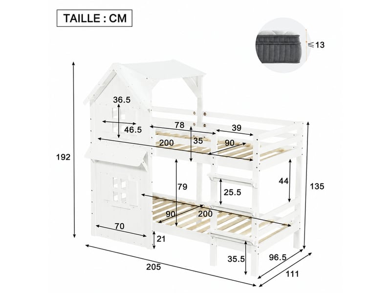  Lit superposé en bois, lit 2 places avec toit, fenêtres, barrières et échelle, 90x200 cm, sans matelas, blanc  - Conforama D
