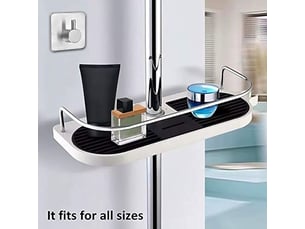 Étagère de rangement de salle‑de‑bain télescopique multifonction, support savon et crochet à serviette (tige de douche non‑fournie)