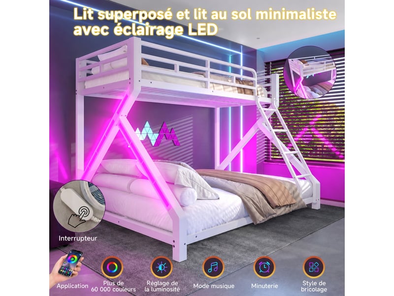  Lit superposé en métal pour enfants, blanc avec led, couchages 90 x 200 cm et 140 x 200 cm, sans matelas  - Conforama B