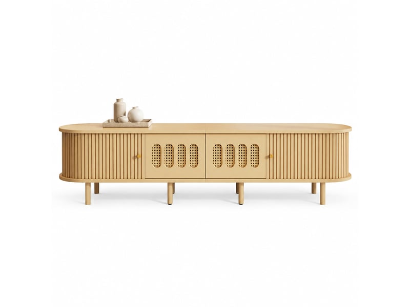  Meuble tv modenvie ovale 180 x 40 x 40 cm mdf bois clair avec portes style rotin  - Conforama A