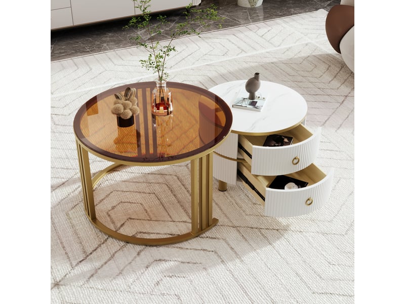  Table basse moderne ronde avec tiroirs, ensemble gigogne 2-en-1 en mdf, métal et verre trempé, blanc et brun, 70x70x45 + 50x50x40 cm  - Conforama C