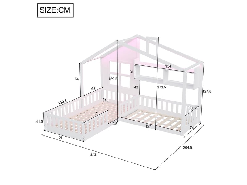  Lit rangement 90 x 200 cm étagères fenêtre éclairage led coffre en bois massif barrière de sécurité blanc  - Conforama C