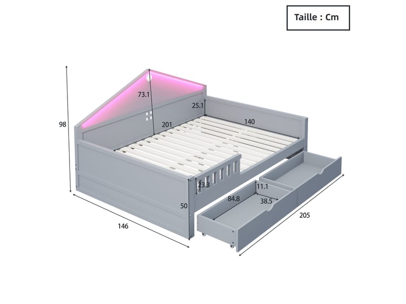  Lit enfant 140x200 cm gris bois massif mdf avec sommier à lattes deux tiroirs rangement et bandeau led Sol Morn - Conforama C
