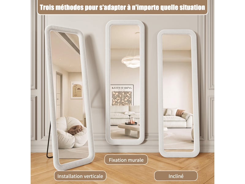 Miroir pleine longueur 160×50 cm, rectangulaire à coins arrondis, murale ou sur pied, blanc, style français romantique - Conforama E