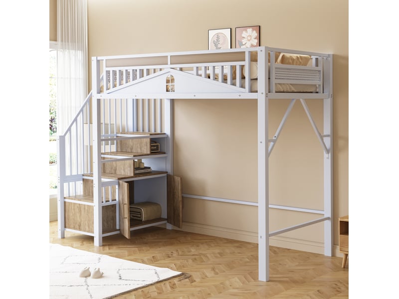  Lit mezzanine enfant 90x200 cm – blanc – escalier avec rangements et garde-corps à fenêtre – sans matelas  - Conforama B