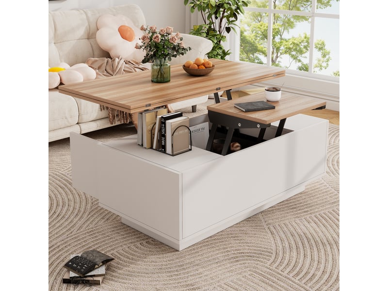  Table basse relevable avec rangement caché, double plateau, blanc et bois, charge 50 kg, 100x50 cm  - Conforama C
