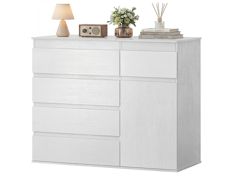  Buffet salon, meuble de rangement avec 5 tiroirs, étagère réglable et porte à fermeture douce, 100 x 40 x 80 cm, blanc  - Conforama B