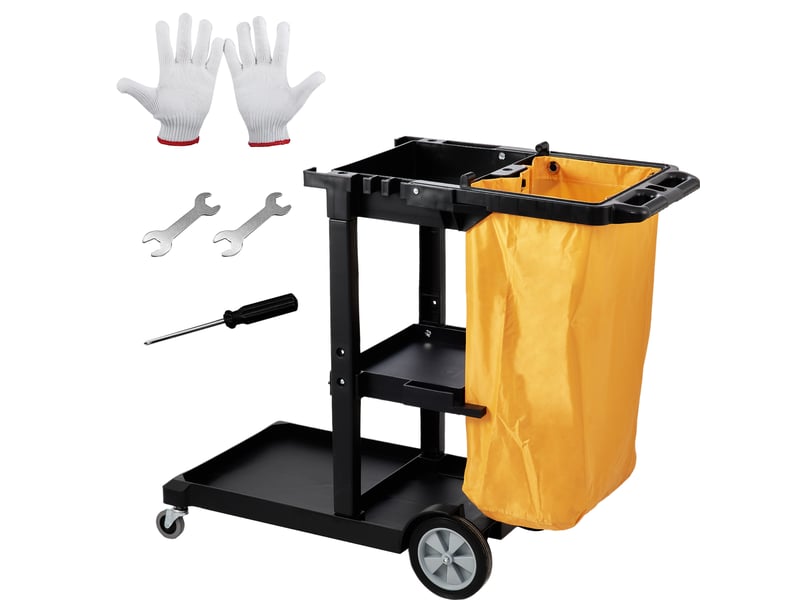 Vevor chariot ménage pro 3 niveaux, pp, sac déchets pvc. Charge 90,7 kg, déplacement fluide, hôtel, bureau.