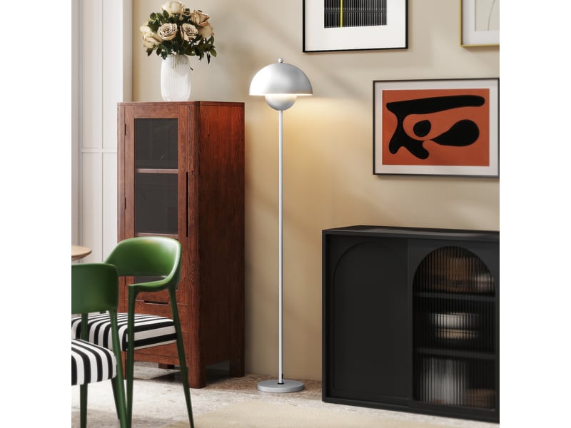  Lampadaire moderne pour salon avec abat-jour en forme de bol, interrupteur au pied, douille e27 (ampoule non fournie), ø 30 x 155 cm, argent  - Conforama C
