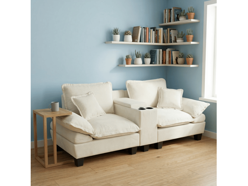 Canapé 2 places modulable beige en chenille avec repose-pieds, rangement, porte-gobelets et ports usb - Conforama B