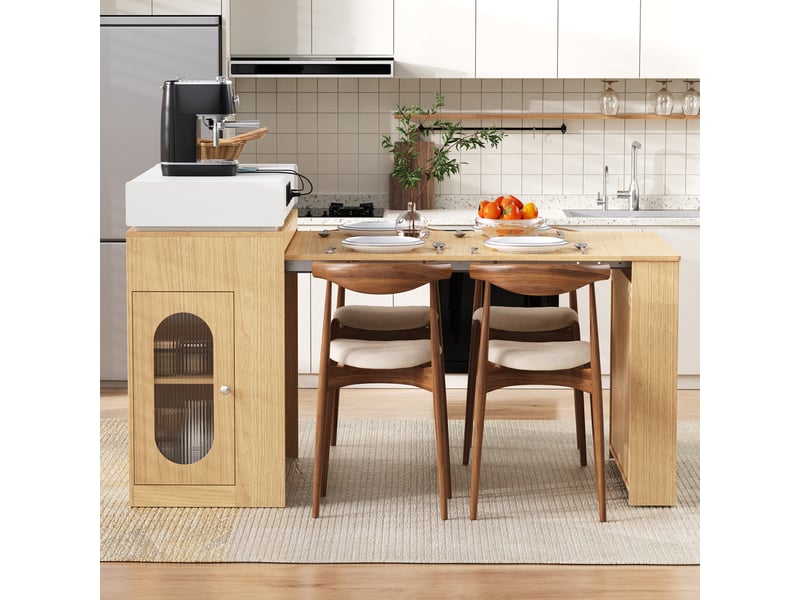  Îlot de cuisine mobile 83 cm avec table extensible, prises intégrées et verre cannelé, naturel Jamama eleni - Conforama E