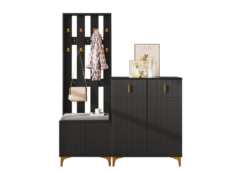 Ensemble vestiaire ulevr avec rangement chaussures, 2 tiroirs, 2 portes, panneau à crochets et banc avec coussin, noir, panneaux de particules  - Conforama A