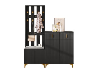 Ensemble vestiaire ulevr avec rangement chaussures, 2 tiroirs, 2 portes, panneau à crochets et banc avec coussin, noir, panneaux de particules