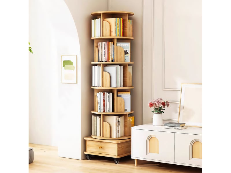  Bibliothèque rotation à 360° 46x46x173 cm avec 1 tiroir en mdf couleur bois clair, design naturel, confort optimal  - Conforama D