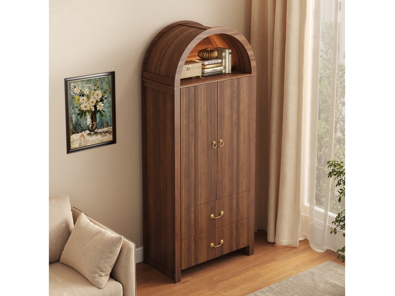  Buffet 76x38x180 cm, niche ouverte en arc, led, 2 portes et 2 tiroirs, mdf et panneau de particules, coloris noyer  - Conforama E