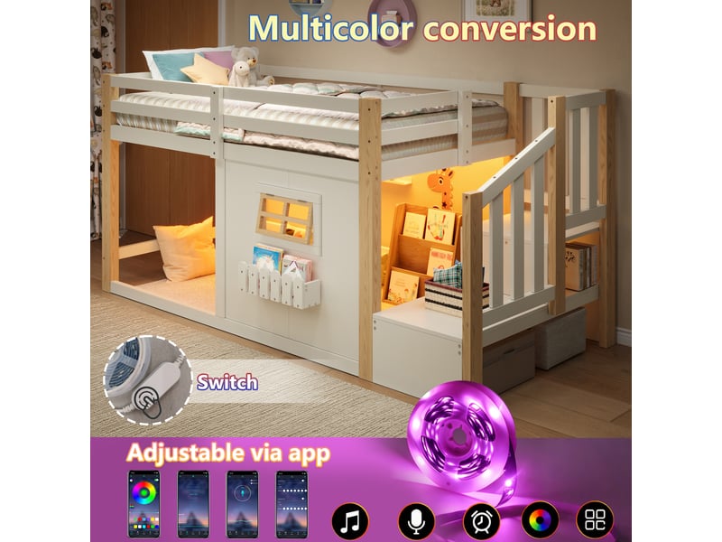  Lit mezzanine simple 90×200 cm, escalier avec rangement et led - okmyhome- en pin et mdf, sans matelas, blanc  - Conforama E