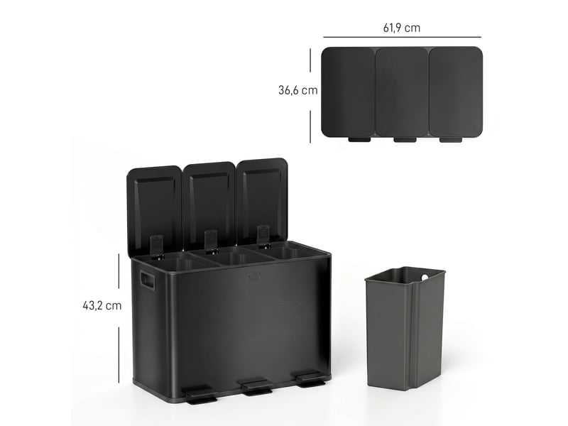  Poubelle de tri sélectif 3 x 15l à pédale en acier inoxydable noir 61,9x36,6x43,2 cm  - Conforama C