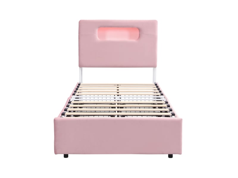  Lit enfant 90x200 cm lit rembourré avec 4 tiroirs et led via application, velours rose, sans matelas  - Conforama E
