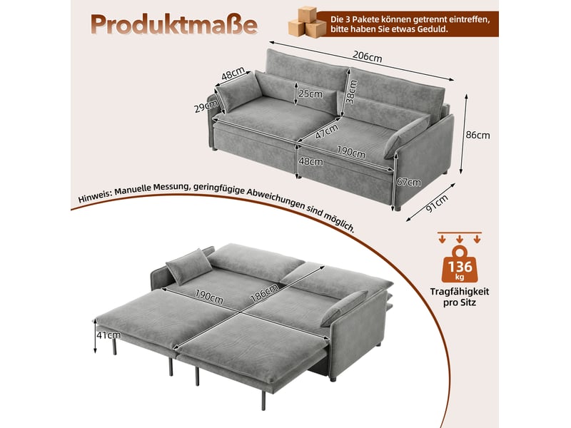 Canapé-lit 3 places 206x91x86 cm 3-en-1, convertir, tissu couleur gris clair, mousse et bois, design moderne - Conforama C