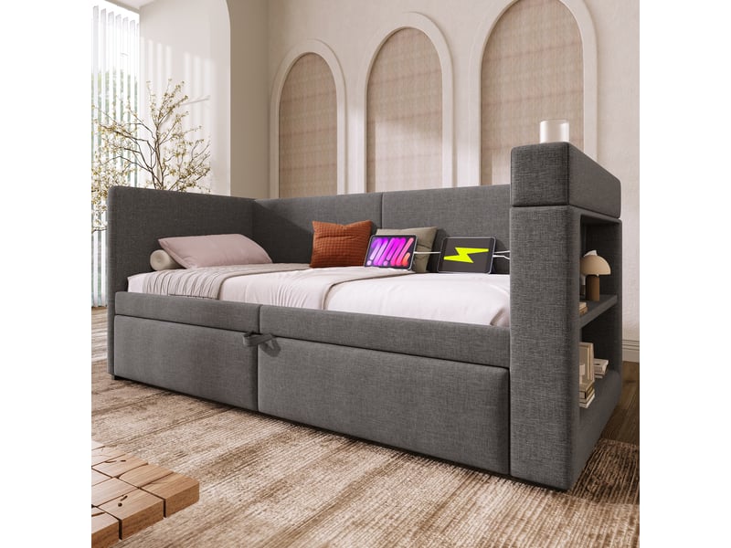 Lit gigogne enfant 90x200 cm, canapé-lit avec usb type-c, porte-gobelet, sommiers, coton lin gris, sans matelas - Conforama B