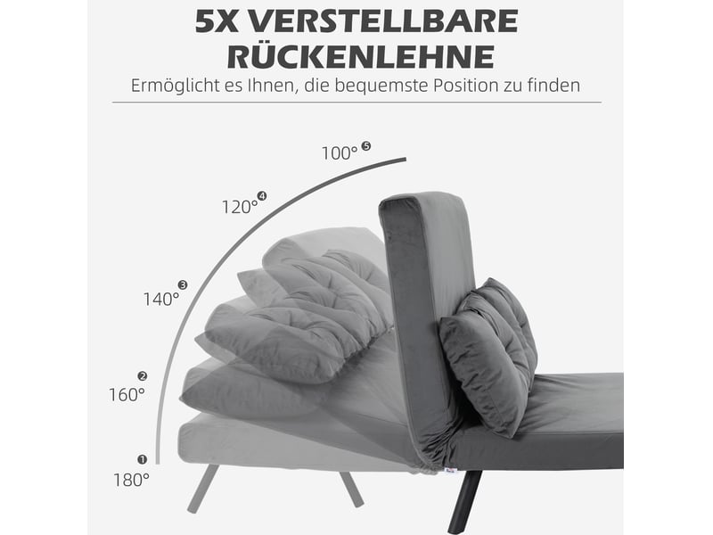 Fauteuil convertible avec dossier réglable et deux coussins, structure en acier et velours gris foncé - Conforama E
