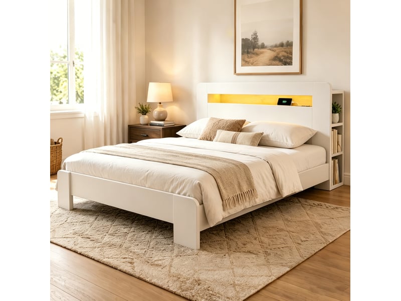  Lit 140 x 200 cm blanc avec rangement tête de lit, led et prises intégrées  - Conforama C