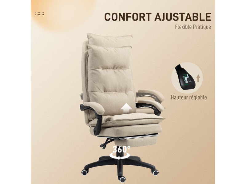  Fauteuil de bureau massant beige, dossier inclinable à 135° et repose-pied intégré  - Conforama W