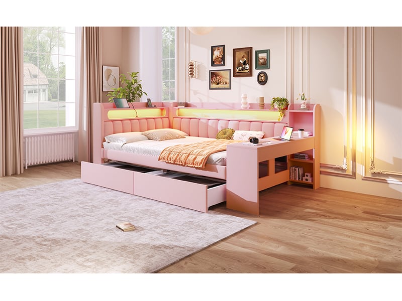  Lit banquette rembourré 140x200 cm rose avec bureau, 2 tiroirs, led et usb Fay Lum - Conforama E