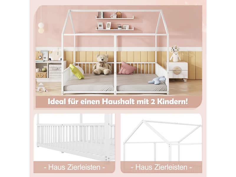  Lit cabane superposé enfant en métal blanc 90x200 cm avec barrière de sécurité et échelle, cadre en fer robuste, sans matelas.  - Conforama E