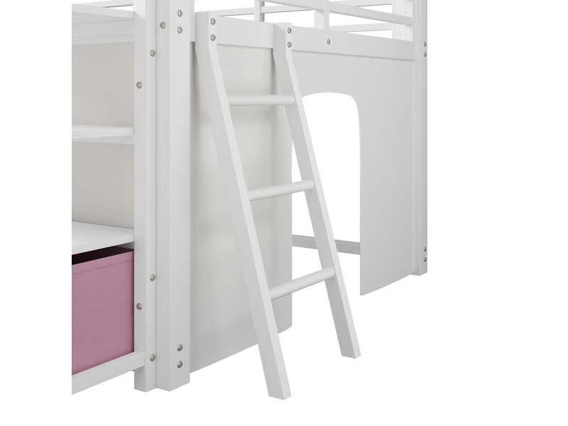 Lit mezzanine enfant 140 x 200 cm en métal et mdf avec bureau, rangements, tiroirs en tissu, rideau et led blanc chicfurn - Conforama E