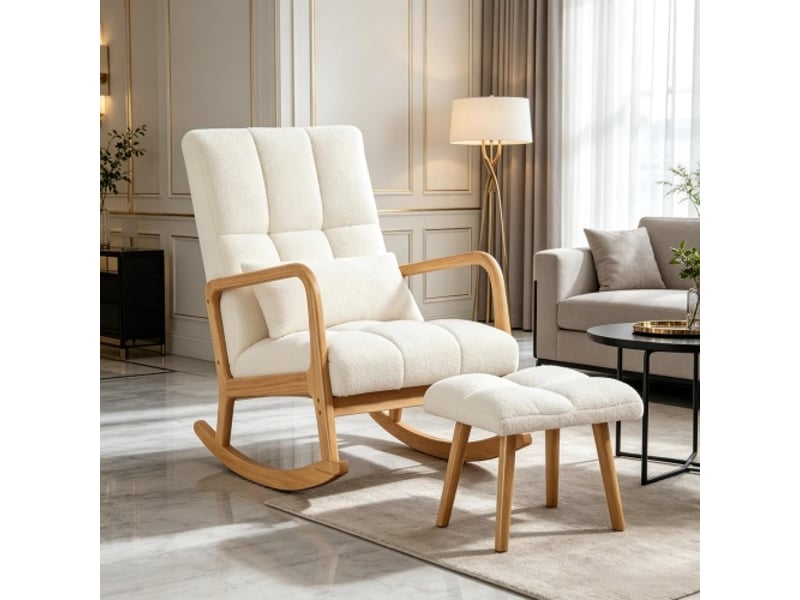 Fauteuil à bascule avec repose-pieds en tissu bouclette blanc, coussin amovible et structure bois grjofek - Conforama C