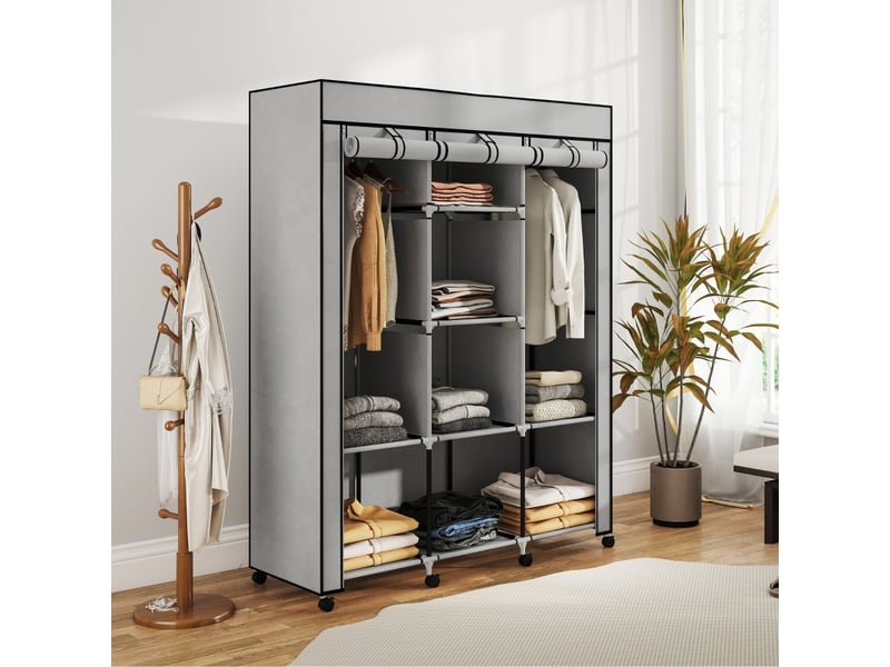  Armoire à vêtements en tissu avec 8 étagères, 2 tringles et fermeture éclair pour chambre, 125×43×162,5 cm, gris clair  - Conforama C