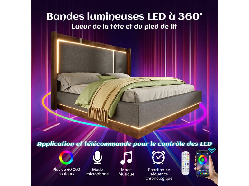  Lit coffre hydraulique 140x200 cm,led applitélécommande,tête rembourrée en lin gris,sommier à lattes,effet noyer noir,sans matelas  - Conforama D