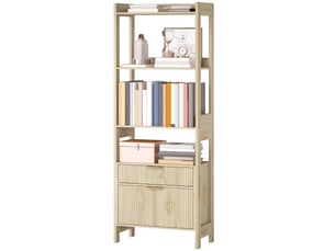 Bibliothèque haute, meuble de rangement avec 4 étagères ouvertes et 2 tiroirs cannelés, 60 x 30 x 160 cm, bois naturel