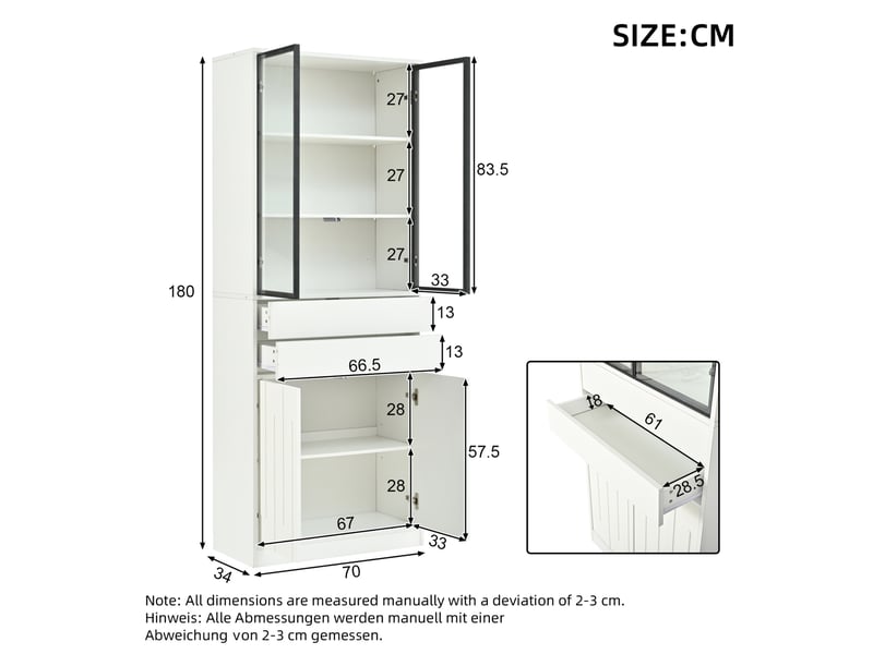  Vitrine 4 portes en verre, 2 tiroirs, éclairage led pour salon, panneau de particules blanc, 140 × 34 × 180 cm  - Conforama D