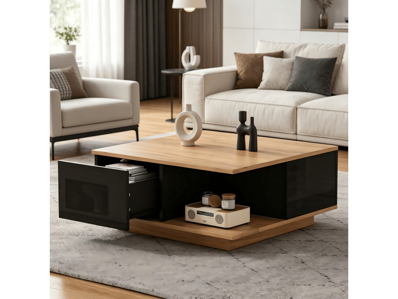  Table basse carrée moderne en bois - bicolore naturel et noir - 70 x 70 x 31,5 cm  - Conforama E