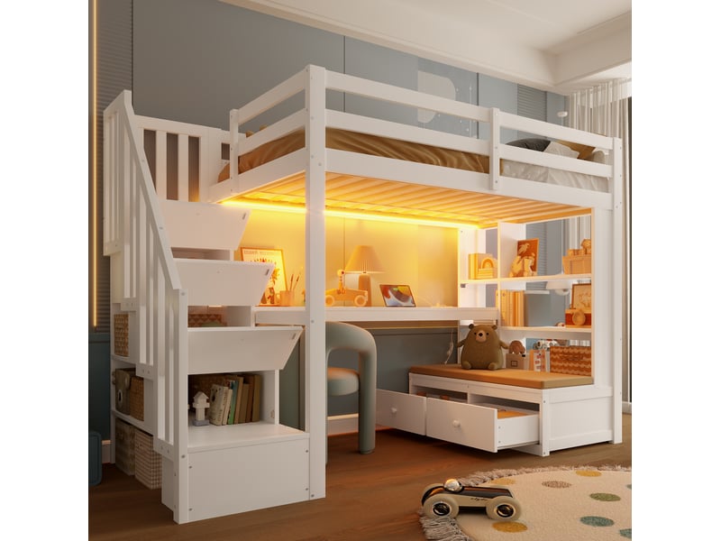 Lit mezzanine 90x200 cm avec bureau, étagères, tiroirs et escalier de rangement en mdf et bois blanc sans matelas  - Conforama D