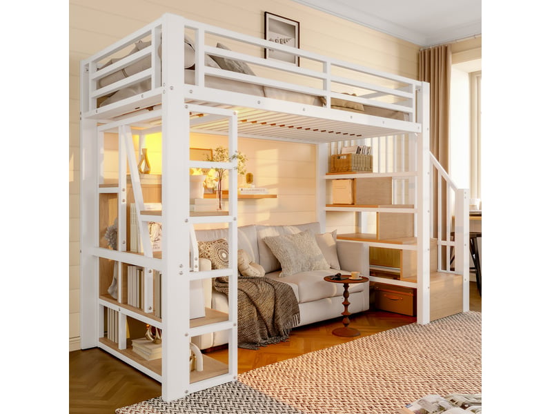 Lit mezzanine enfant 90 x 200 cm marches-rangements sécurité barrière led multicolore métal+mdf blanc sans matelas - Conforama E