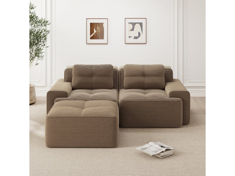  Canapé d’angle modulable en l sans accoudoirs en velours côtelé avec ottoman et têtière  - Conforama R