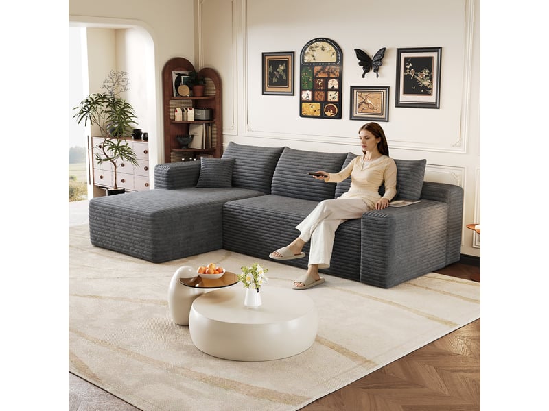  Canapé d'angle gauche en l canapé modulable canapé compressé 3 places canapé nuage en velours côtelé avec accoudoirs - gris  - Conforama D